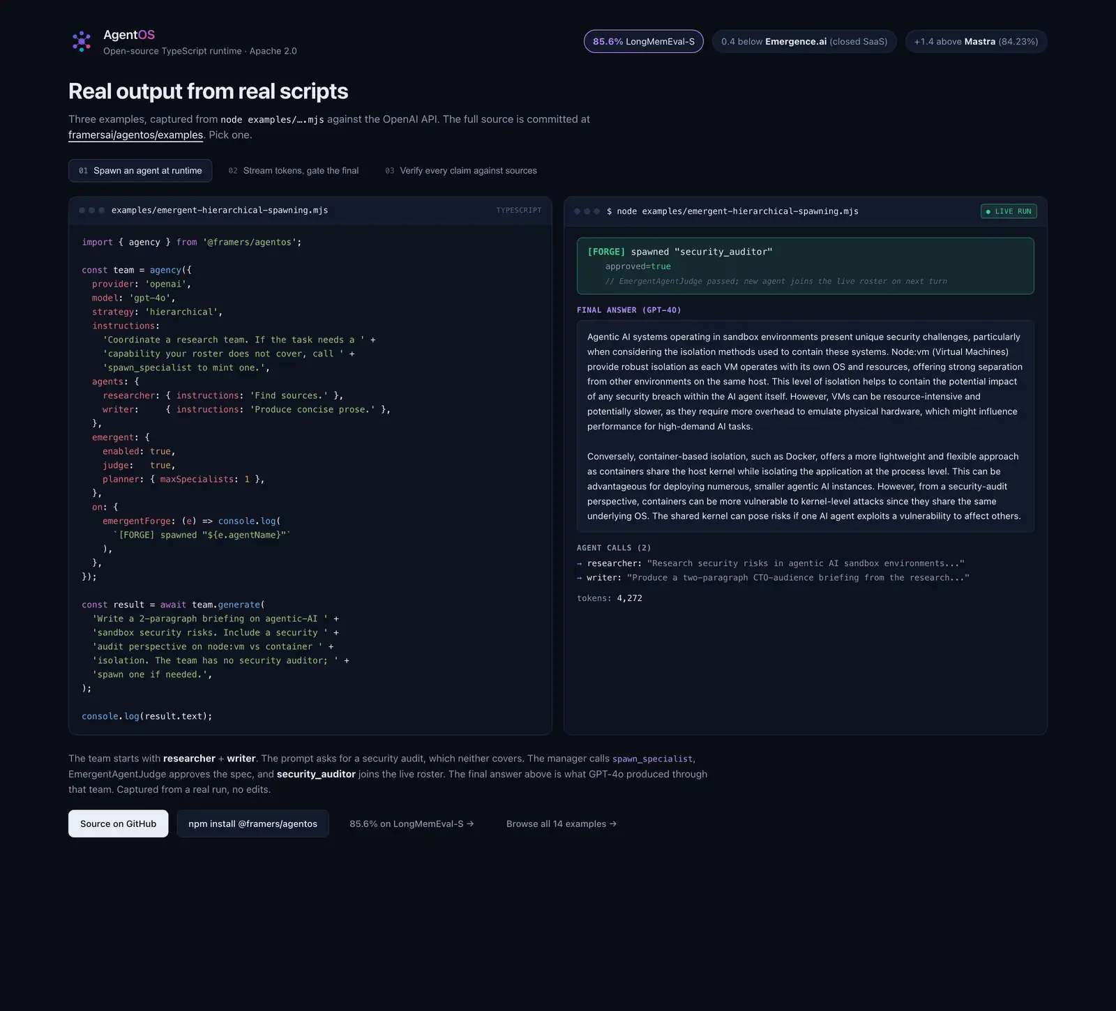 Three AgentOS agents with distinct HEXACO personalities collaborate on a code review, forge a new tool at runtime, the LLM judge approves the spec, and all three invoke it on the next turn.
